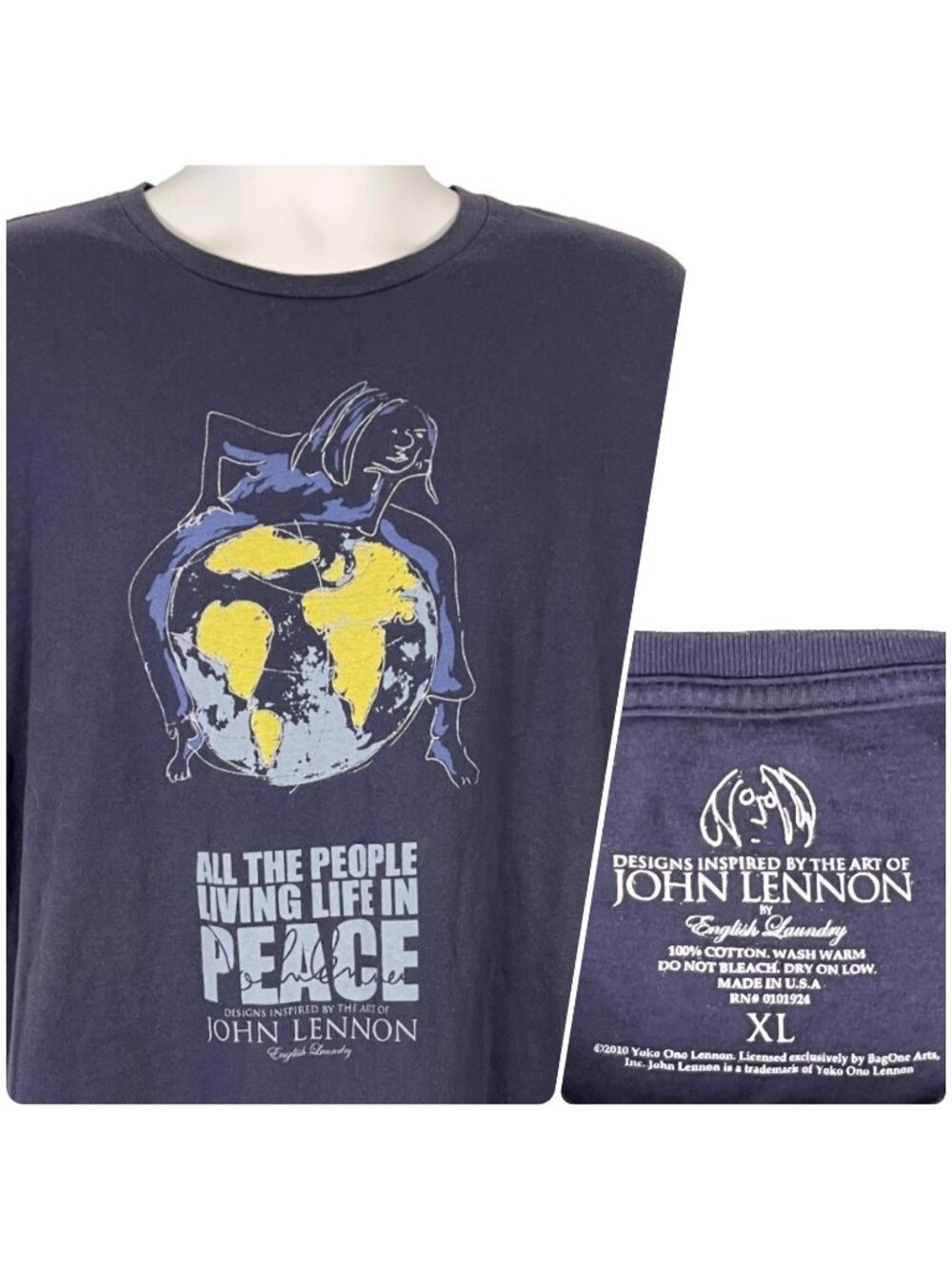 John Lennon Art English Laundry Mens T-Shirt size XL 46x28 2010 Living Peace